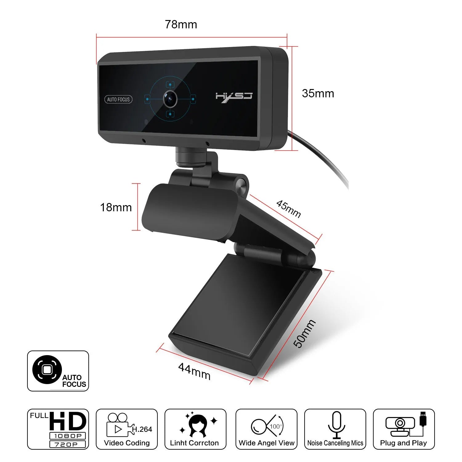 Desktop HD webcam with autofocus in black, with 1.7m USB cable