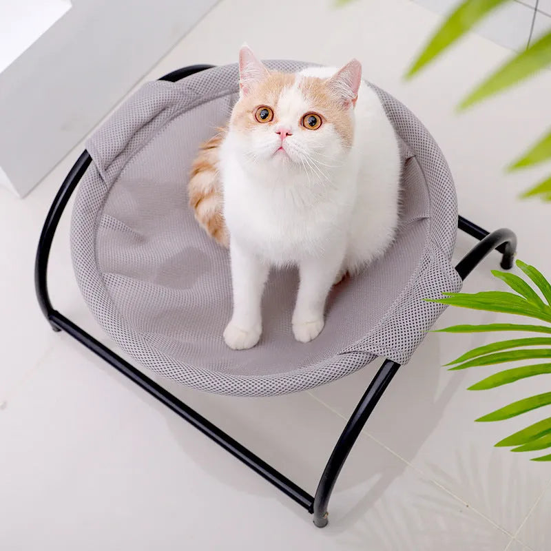 Pet camping bed with breathable pink or grey hammock surface, thick steel pipe frame, 43x43x24cm