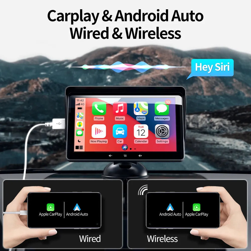 7-inch wireless CarPlay car display with suction cup mount and cigarette lighter power cable
