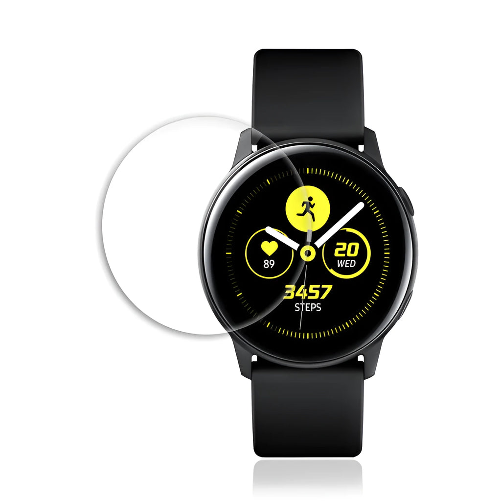 Transparent tempered glass screen protector for Samsung Galaxy Watch Active smartwatch.