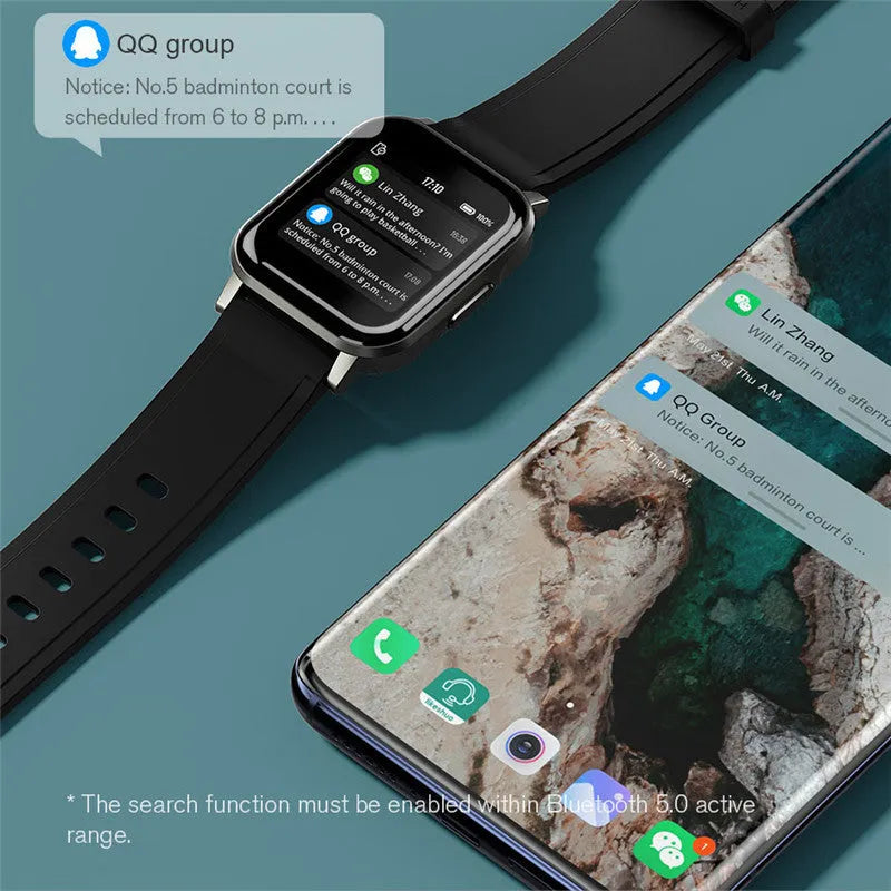 Black waterproof smart bracelet with 1.4 inch screen and silicone strap showing heart rate data