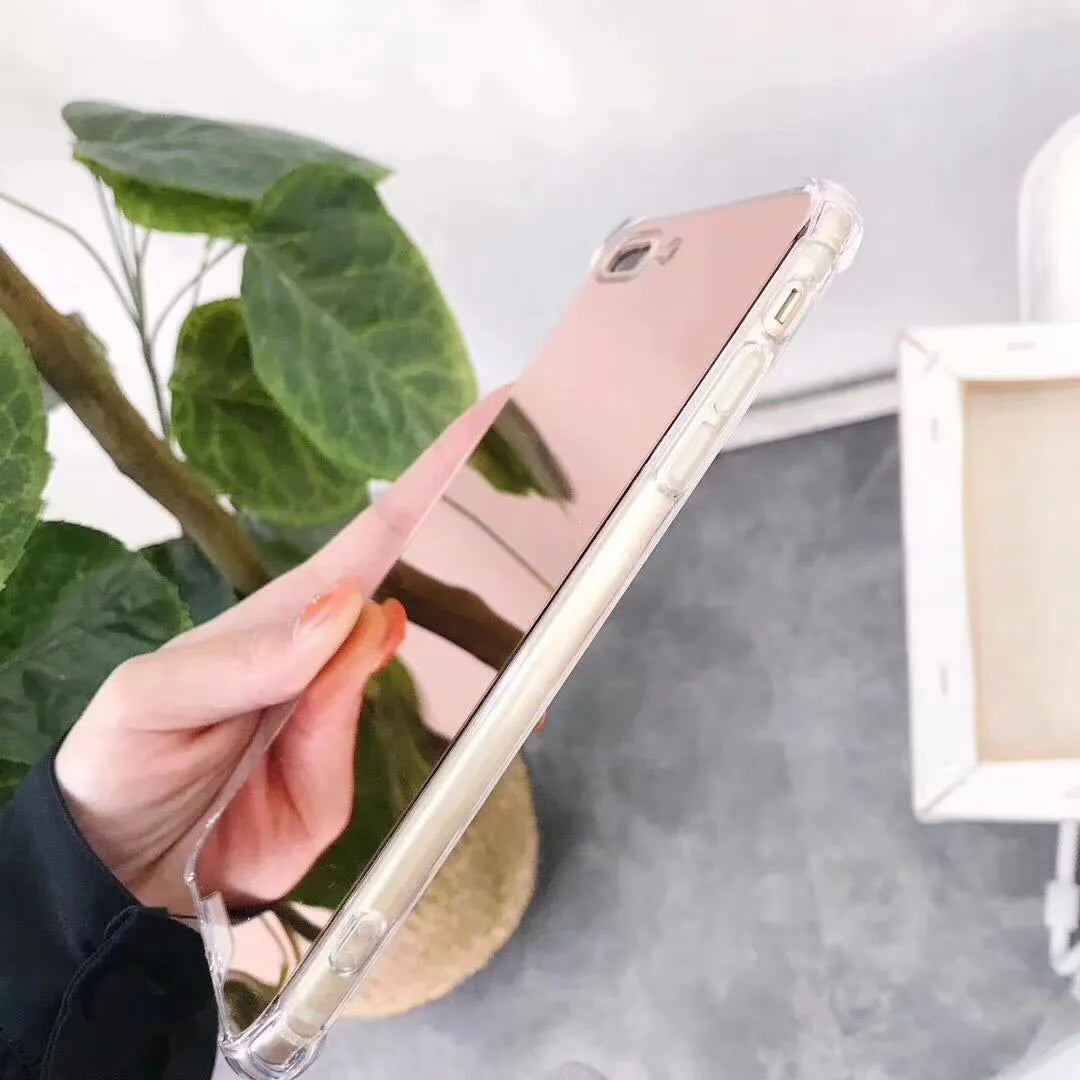 TPU mirror phone case for iPhone showing reflective back and soft protective edges