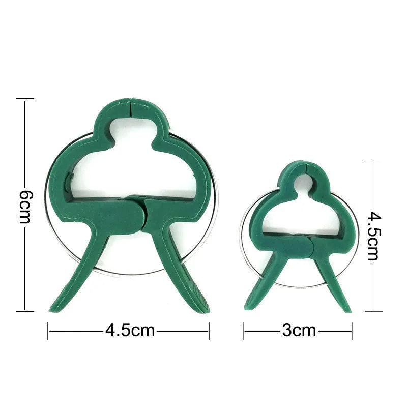 Green plastic and zinc plant support clips, showing large and small sizes for climbing plants.