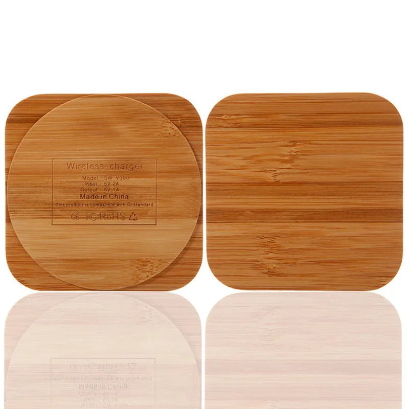 Square wooden bamboo 5W wireless charging pad measuring 92x92mm