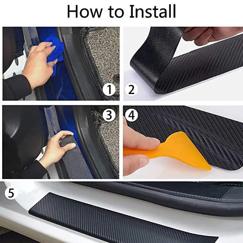 Roll of matte black 3D carbon fibre adhesive tape for protecting car door sills, showing width options.