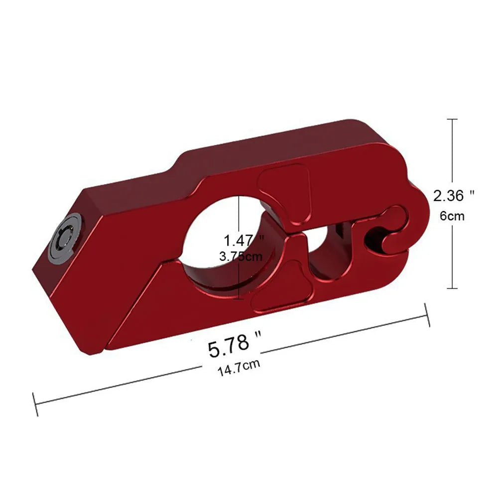 Motorcycle handlebar lock in CNC aluminium alloy, 14.7 cm long, shown in black with two wrenches