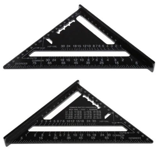 Black aluminium alloy triangle ruler square with 90 and 45 degree angles, 7 inch or 12 inch format
