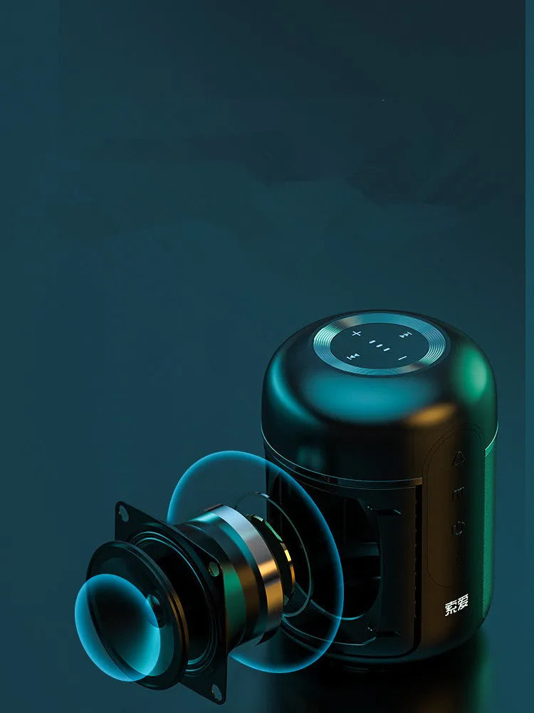 Black portable Bluetooth speaker with 30W output, showing front grille and compact size