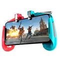 Multifunctional mobile game handle for smartphones in black, blue, or white with universal clip.