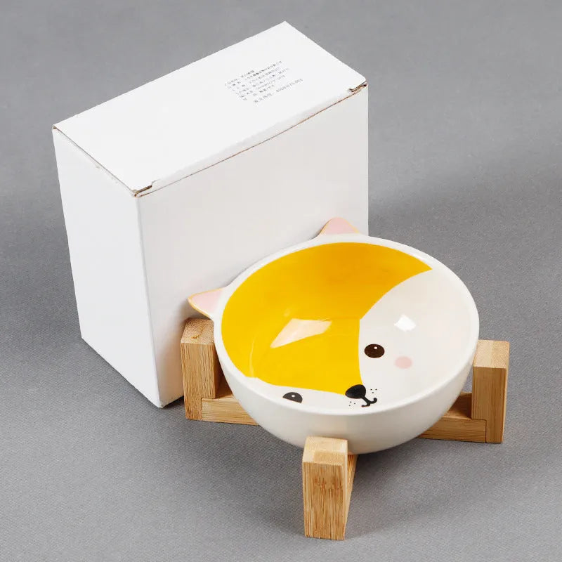 Raised ceramic cat food bowl in bamboo wooden stand, 13cm bowl, pink fox design