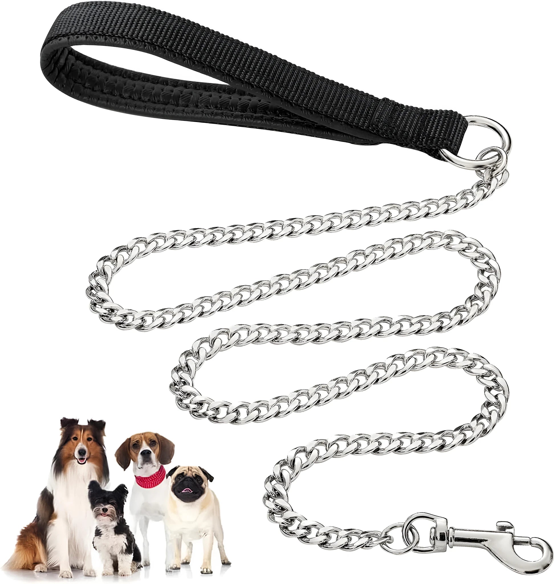 Heavy duty metal dog leash with soft padded handle in black, blue, and red options