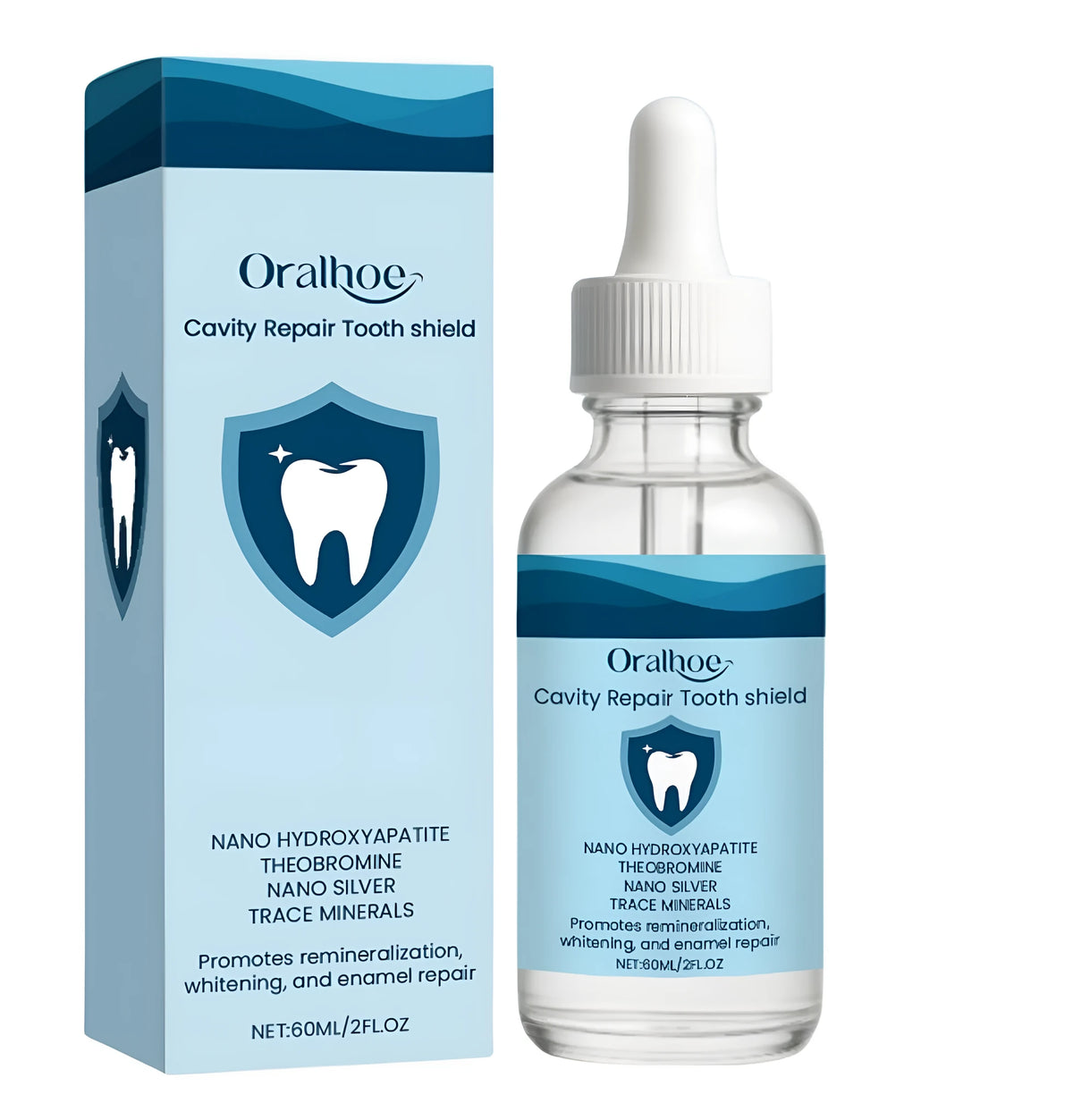 60ml bottle of dental restorative fluid containing hydroxyapatite and theobromine.