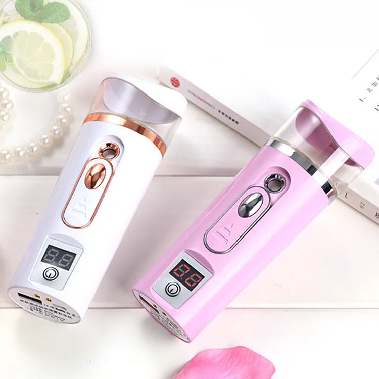Nano spray water meter 35ml handheld facial mist device in white or pink, 4.6 x 13.5 cm