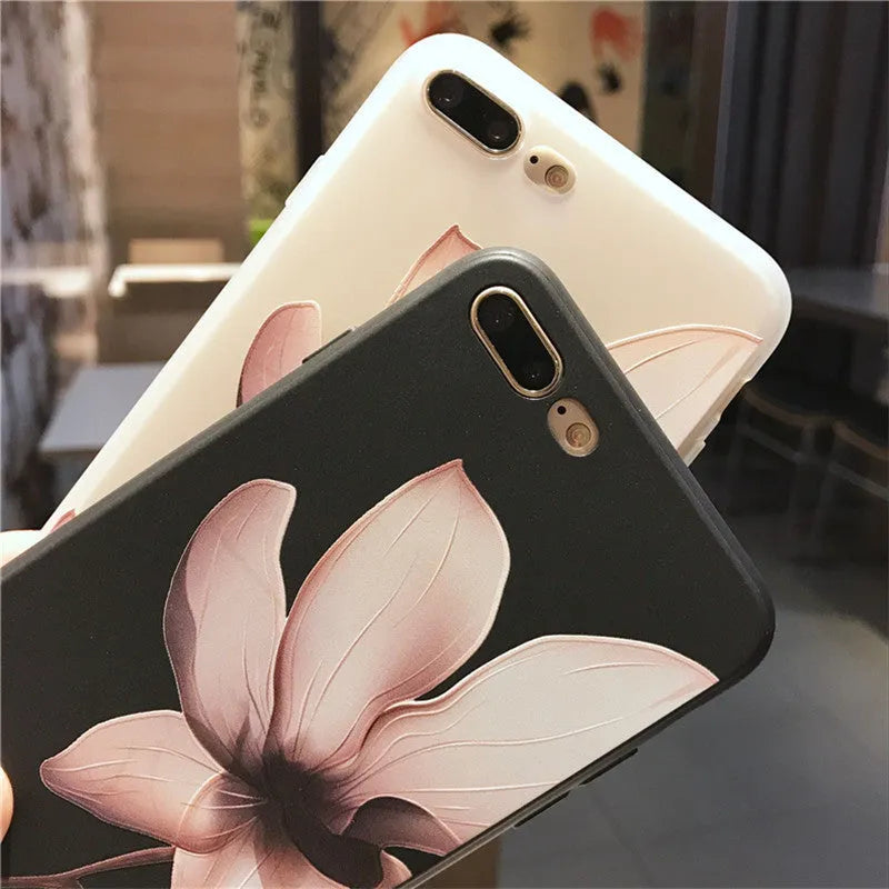 Embossed floral TPU phone case in black or white for iPhone models