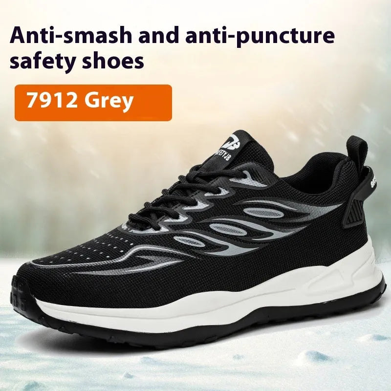 Men's orange lightweight safety work shoes with leather upper and rubber sole for anti-smash protection.