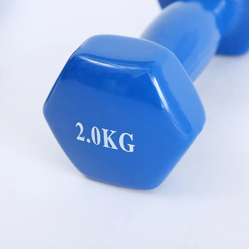 Colourful PVC-coated plastic hexagonal fitness dumbbells in bright colours on a gym floor