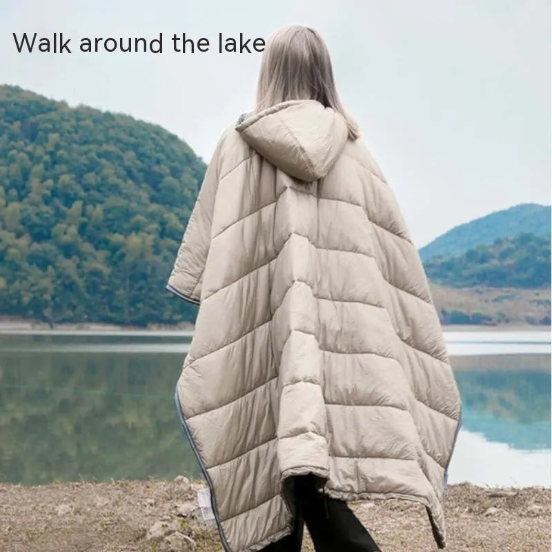 Grey adult wearable outdoor cloak sleeping bag laid flat showing 200cm length