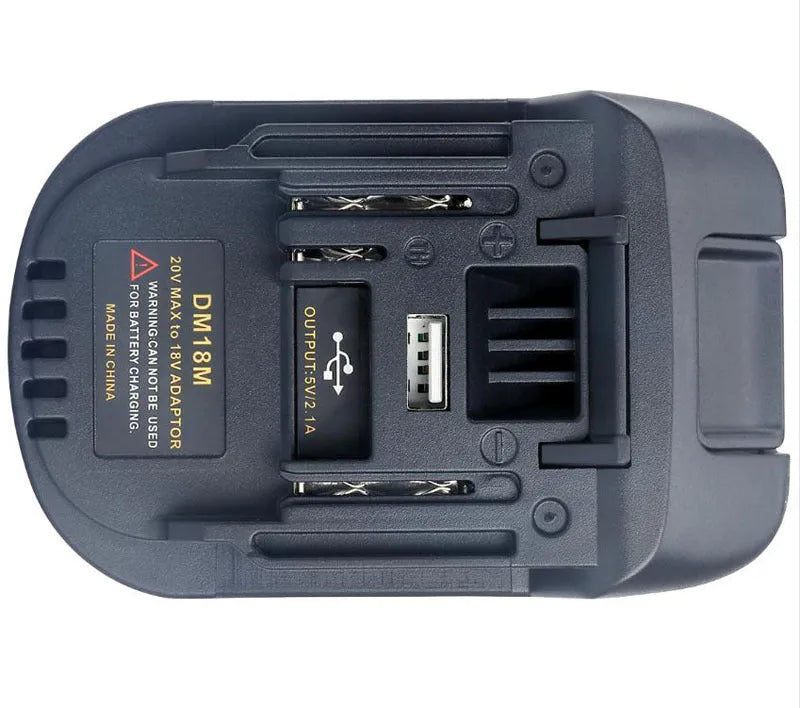 Black battery adapter for converting Milwaukee DM18M tools to use Makita H99F batteries