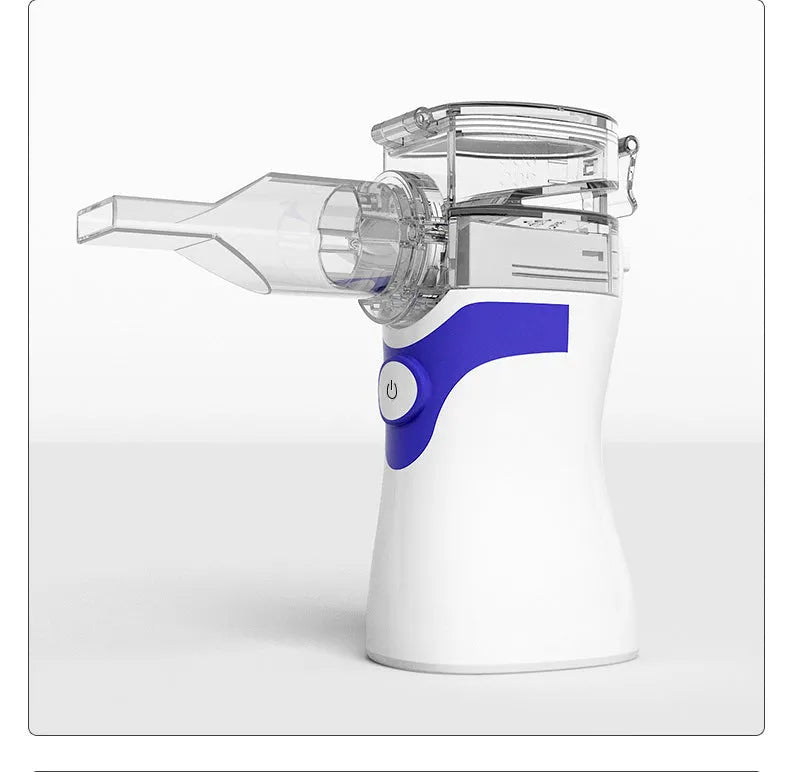 Handheld mesh atomizer in Blue, Green or Grey with 0.5mL and 10mL cups, human and child masks, mouthpiece, USB or AA battery power