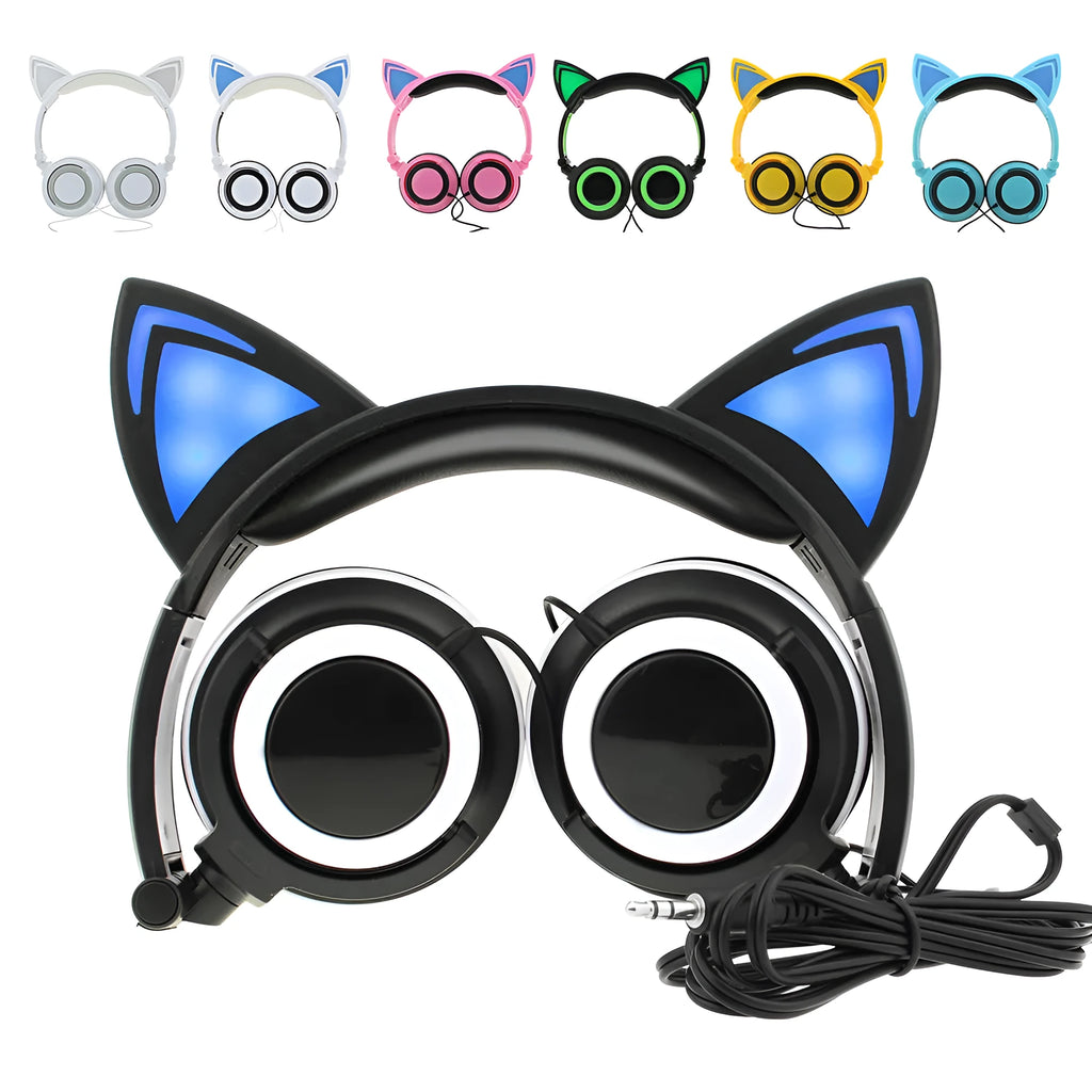 Black cat ear headphones with glowing pink LED lights on the ears and ear cushions.
