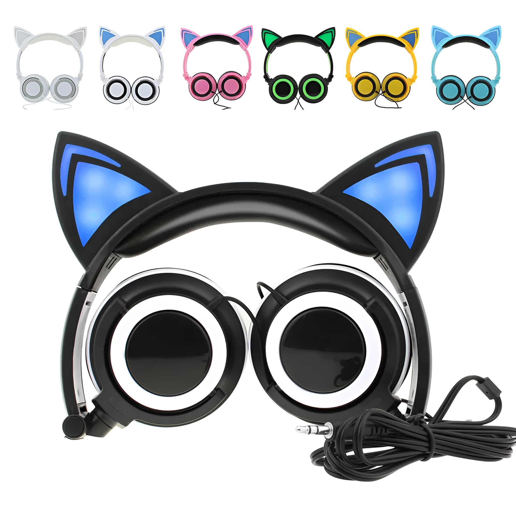 Black cat ear headphones with glowing pink LED lights on the ears and ear cushions.