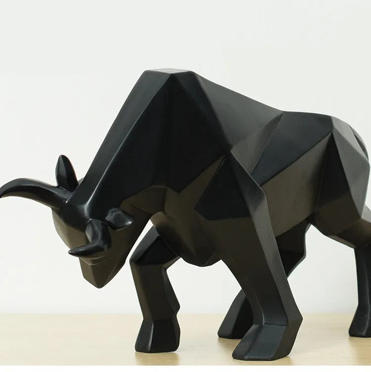 Black geometric resin bull sculpture, abstract bison statue for office or home decor, 35cm long