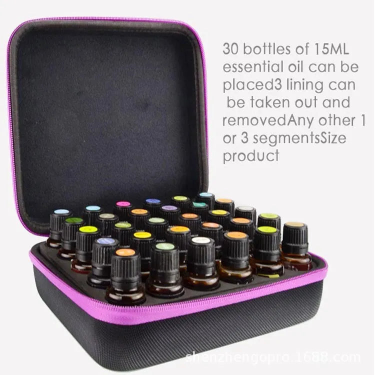 Red EVA cube essential oil storage bag with 30 compartments and a zip, shown next to bottles.
