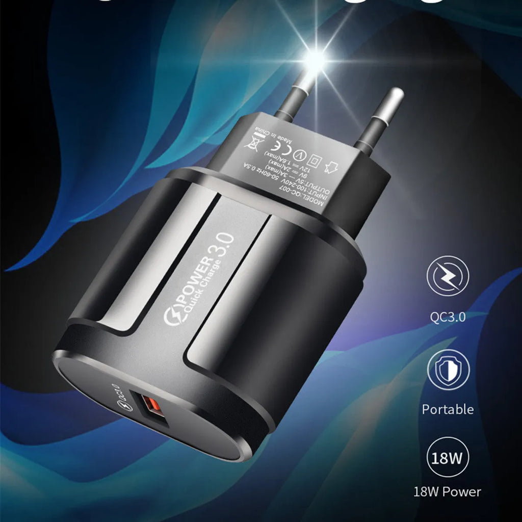 Compact white and black smart mobile phone chargers with UK, US, and EU plug options.