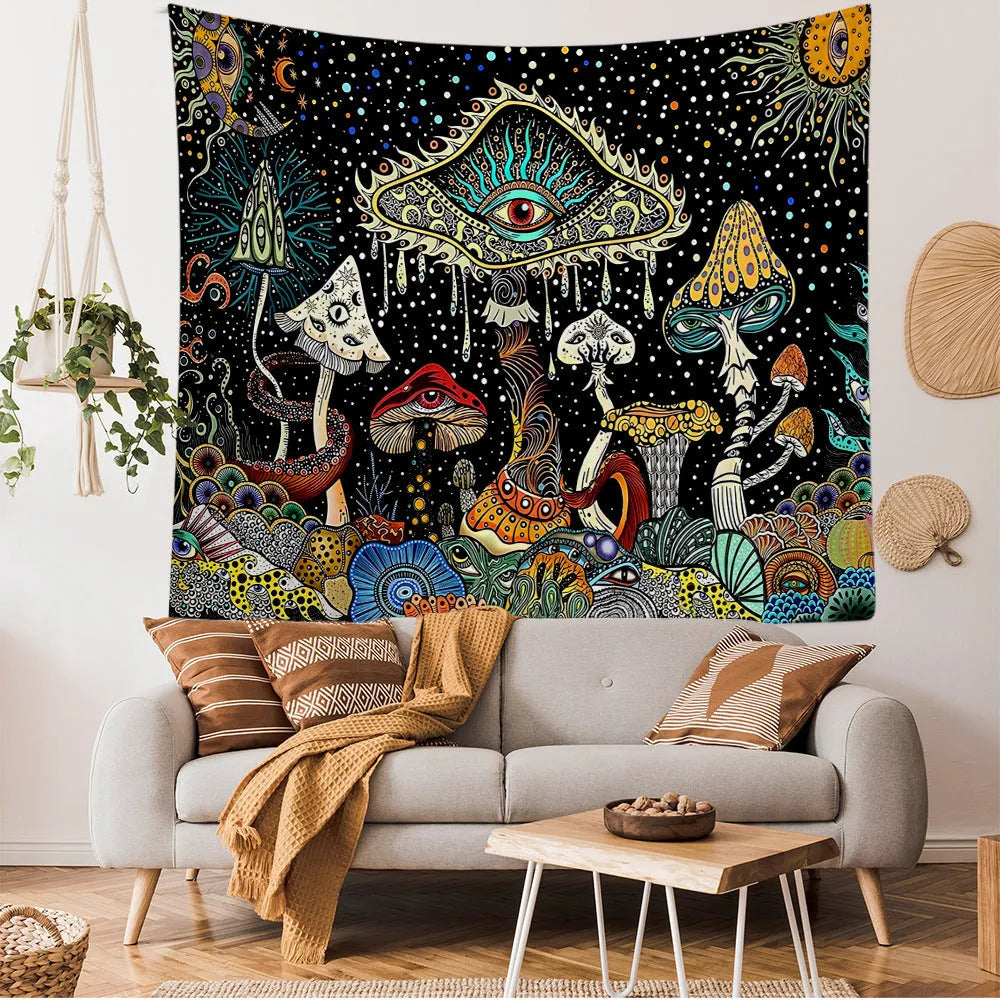 Starry Mushroom polyester tapestry with skull and geometric abstract pattern, rectangular machine-woven wall hanging in multiple sizes