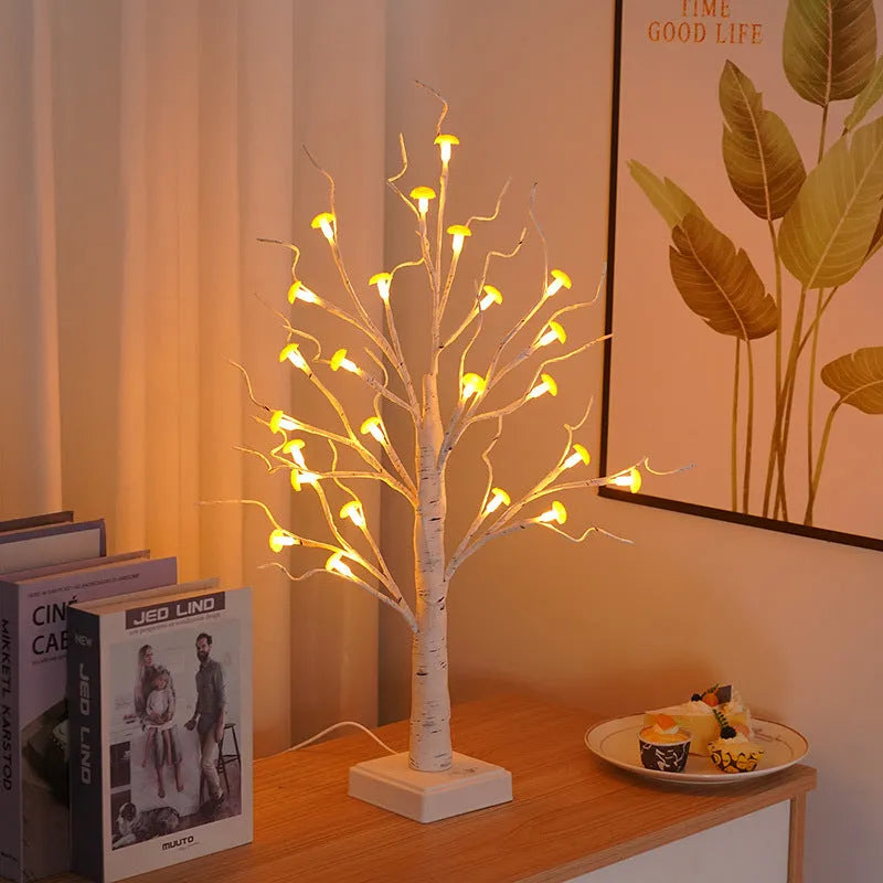 60cm tall LED mushroom tree lamp with 24 warm white flowers on Birch-style branches