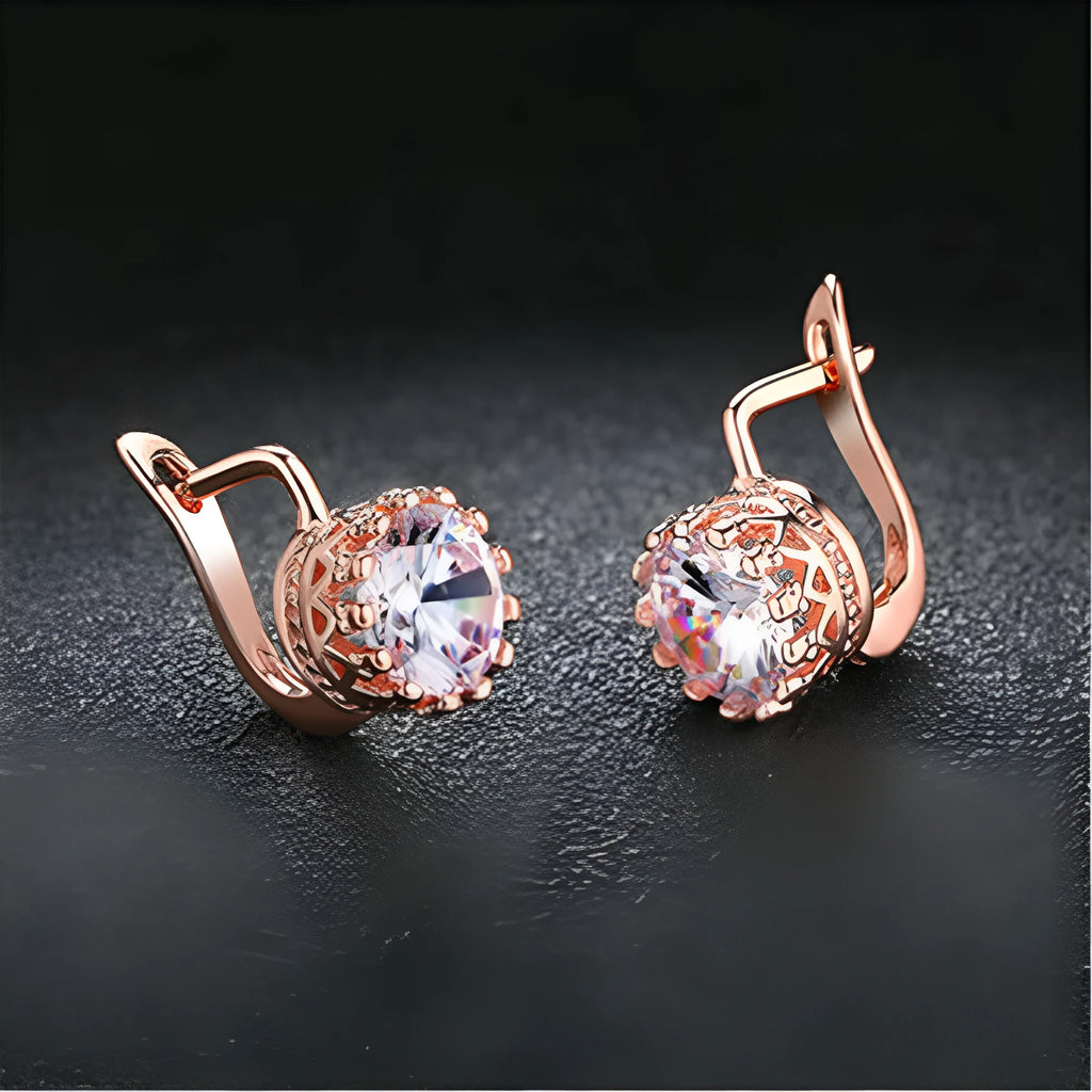 Korean retro crown-shaped clip-on earrings with white diamond accents in rose gold and white gold colours.