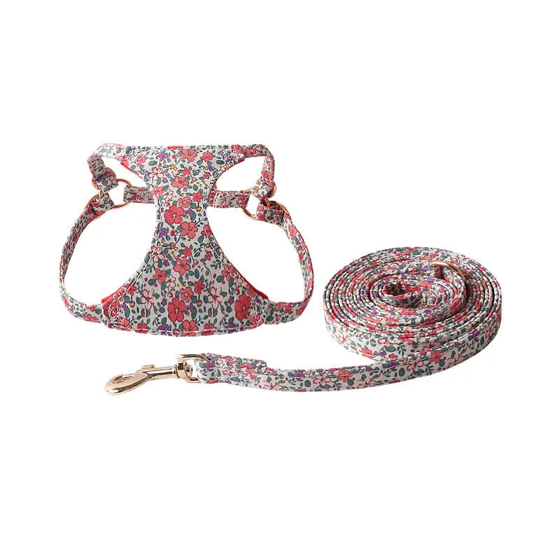 Floral pattern cloth pet harness and leash set for small dogs in multiple colour options