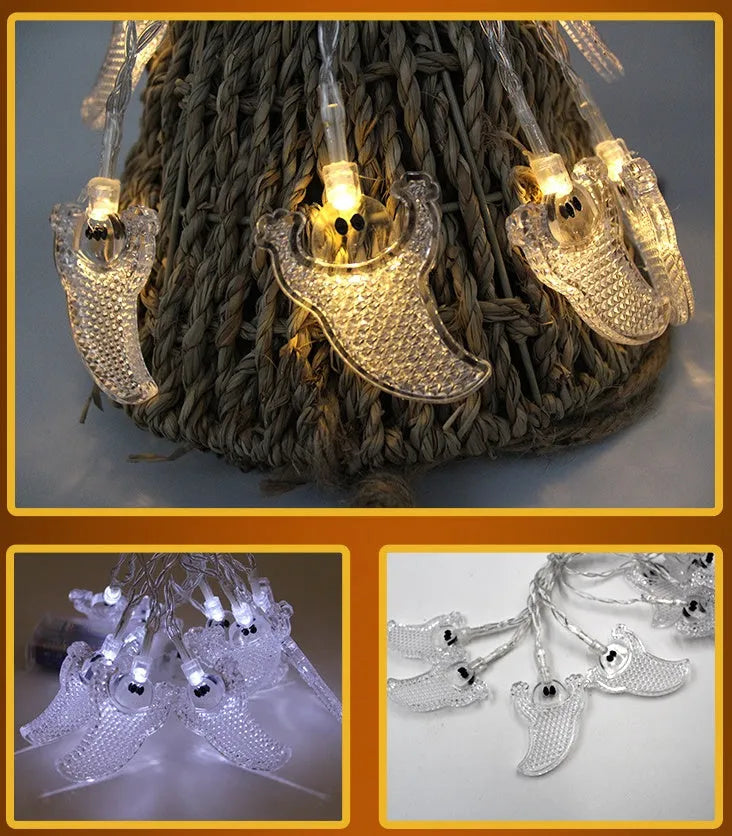 Halloween decoration LED string lights with 10 LED heads including pumpkin, bat, and ghost pendants on a dark background