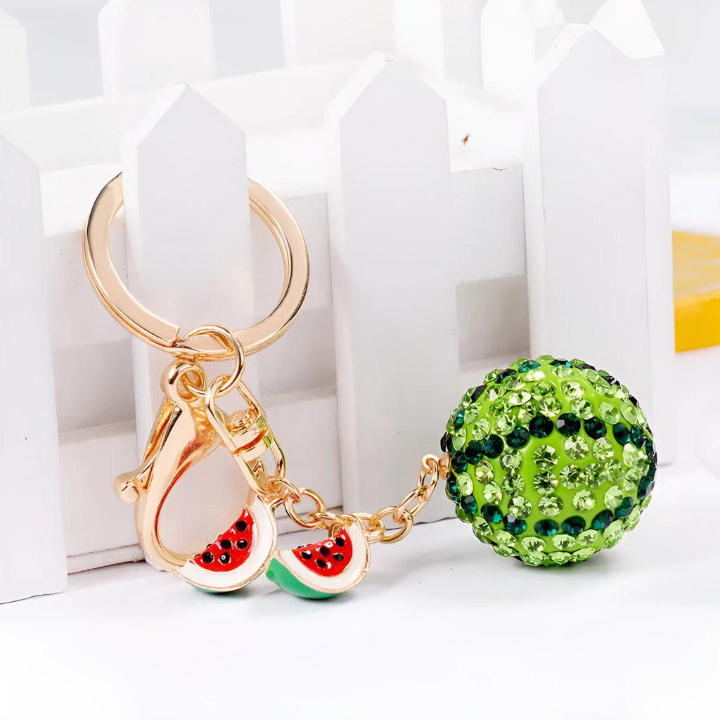 Green watermelon-shaped zinc alloy keychain measuring 12cm with fruit design details