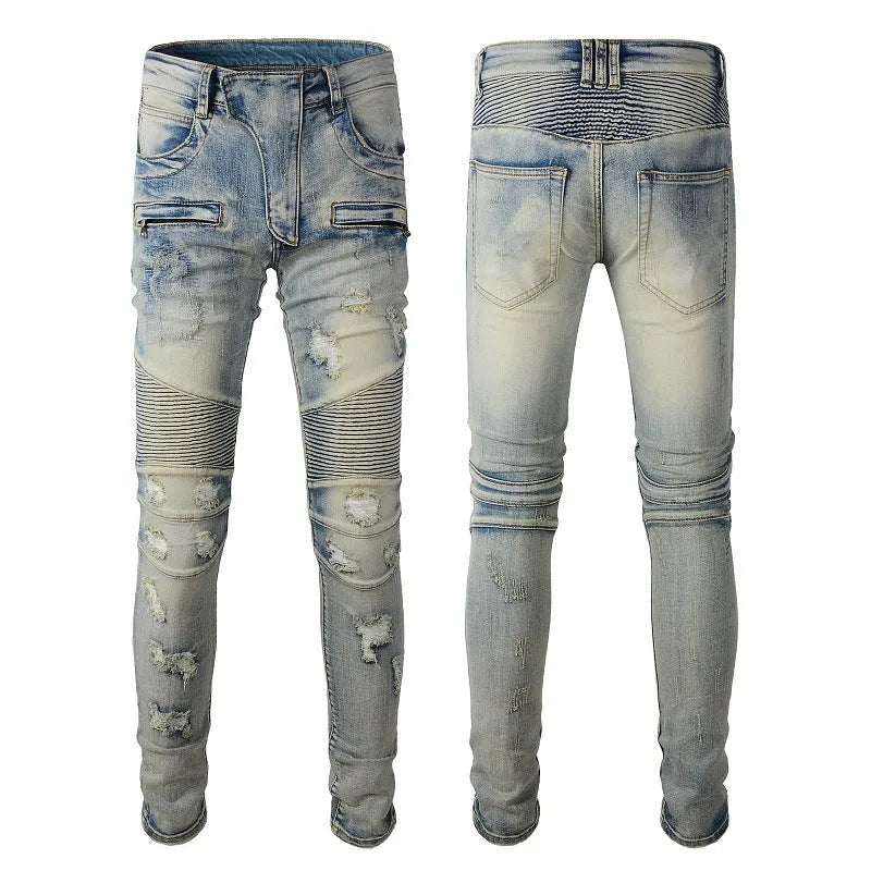 Light blue men's slim fit distressed jeans with hand-frayed detailing and stretch denim