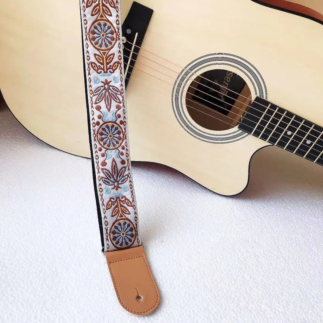 Adjustable embroidered guitar strap with thick webbing, 5cm width, 135-150cm length, six style options