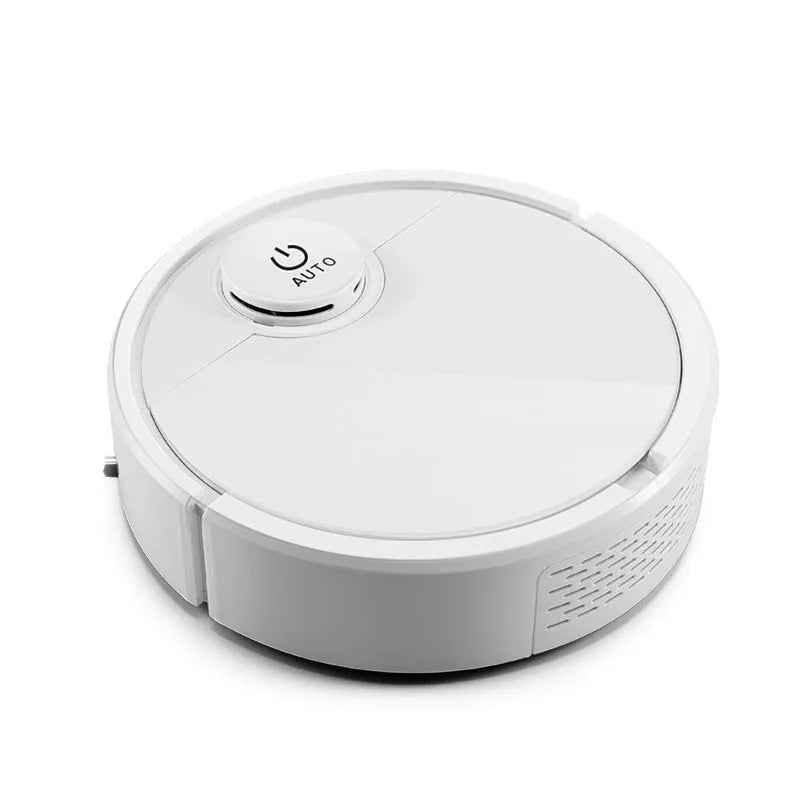 White automatic robotic floor sweeper with one-touch button on a hard floor.