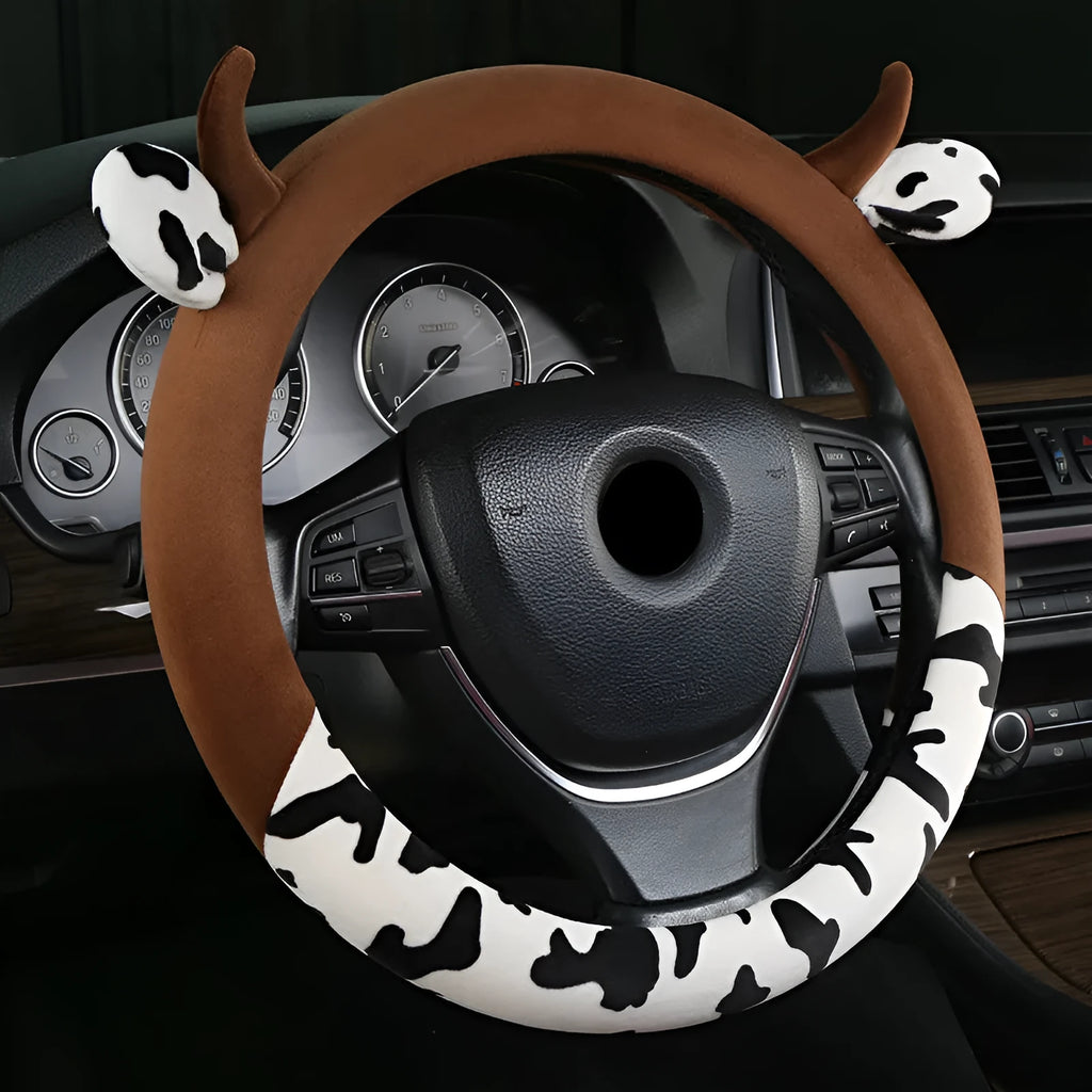 Short plush automotive steering wheel cover in black colour with protective handle design