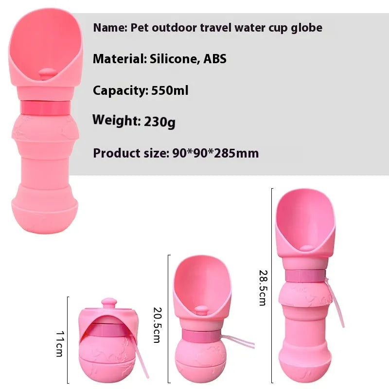 Collapsed and unfolded views of a silicone folding water cup for pets in various colours.