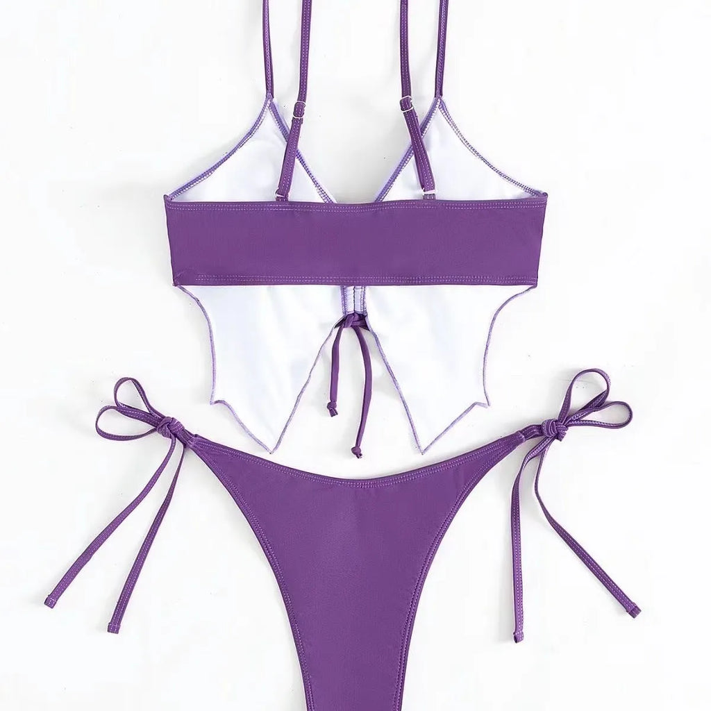 Purple women's bikini suit with a bow on the top and split-style briefs.