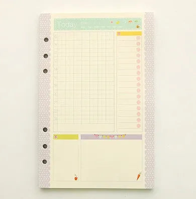 Colored A5 binder filler paper sheets in different styles including lined, grid, and weekly plan