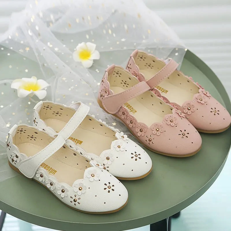 Girls flat princess shoes in pink or white with rubber sole and EVA upper, sizes 21 to 36