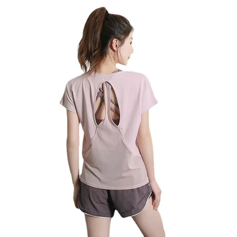 Women's short sleeve polyester sports T-shirt in black, grey-green, sky blue and pink colours
