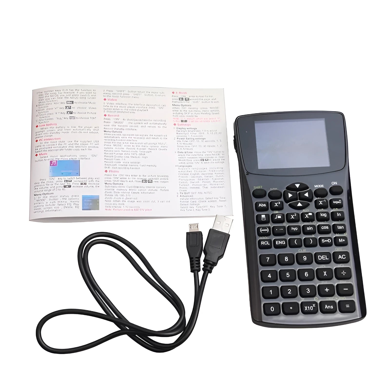 Black multifunctional e-book reader with 2.8cm x 3.3cm screen showing multilingual interface