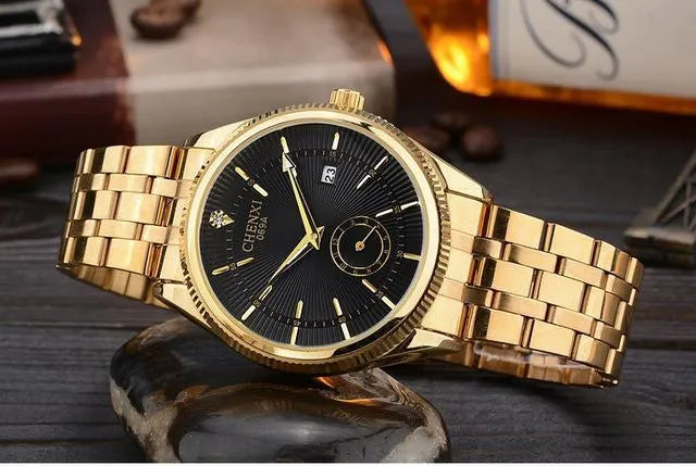Quartz watch strap watch shown in Black, Gold, and White with Female and Male style options.