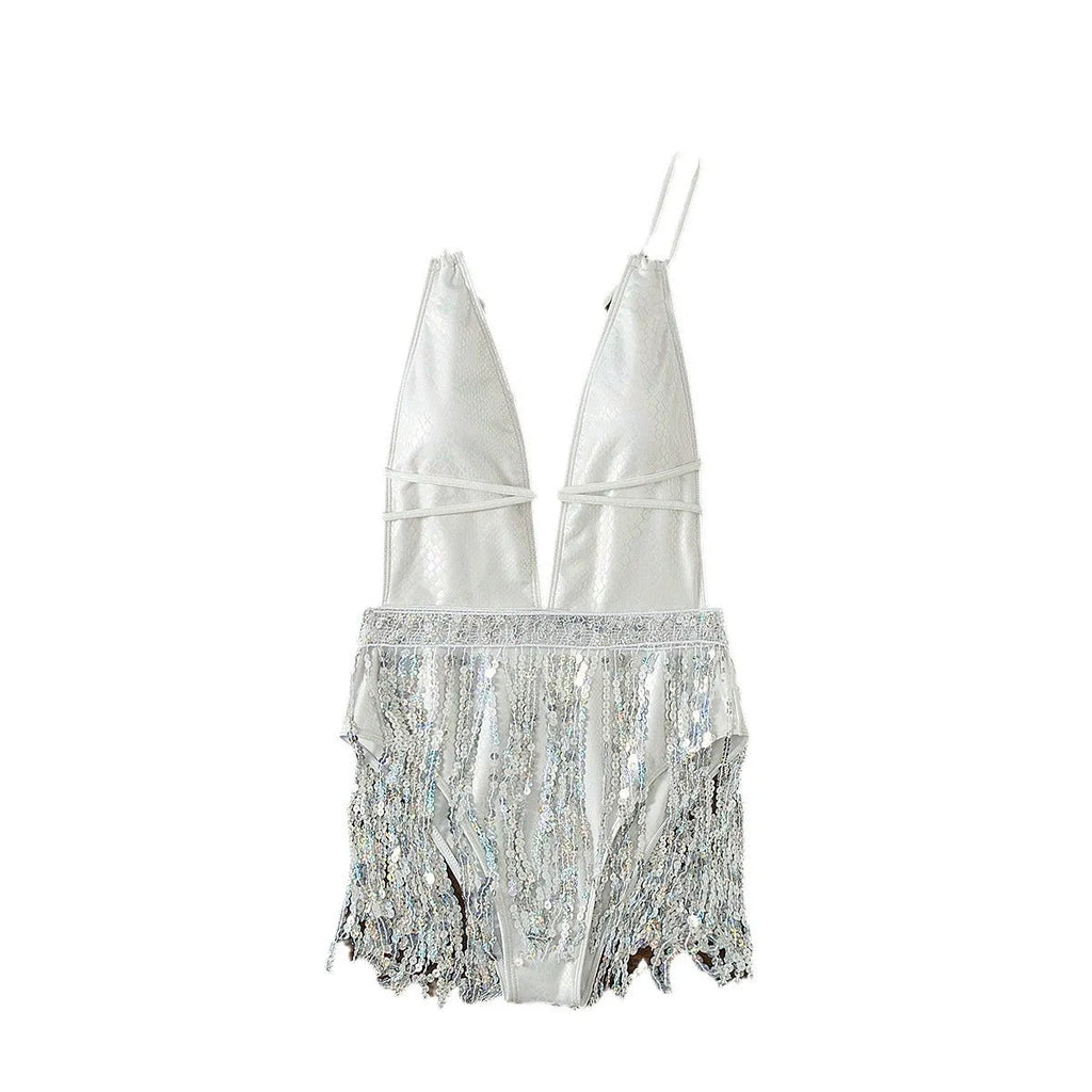 White one-piece swimsuit with deep V-neck and tassel detail, sleeveless briefs style