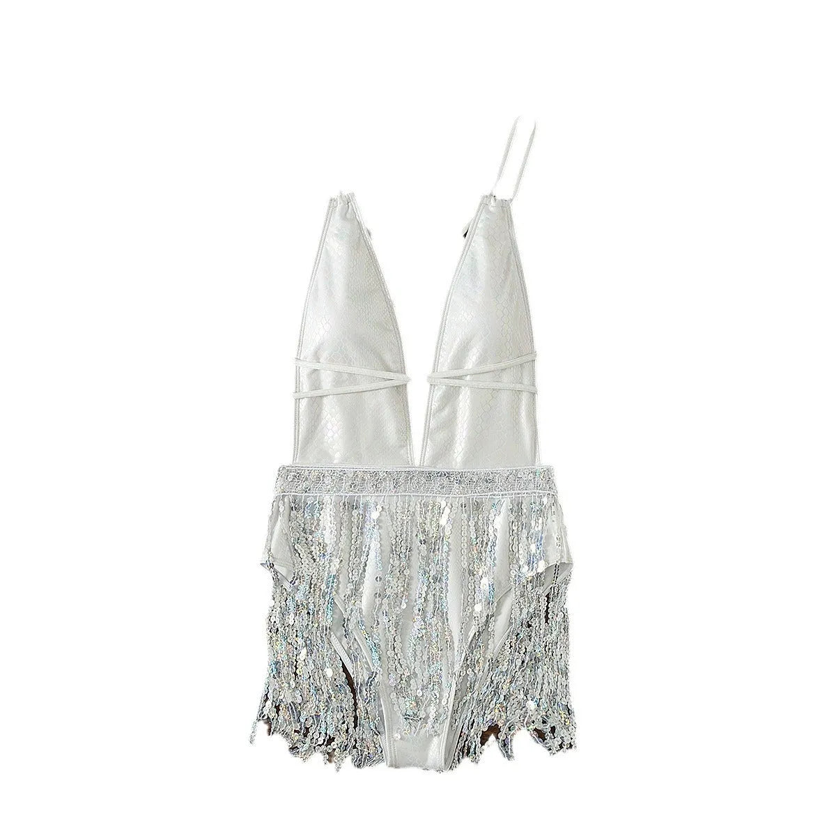 White one-piece swimsuit with deep V-neck and tassel detail, sleeveless briefs style