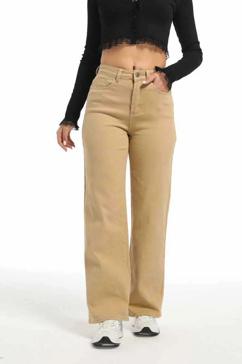 Women's high-waist wide-leg jeans in apricot colour, laid flat to show straight leg cut.