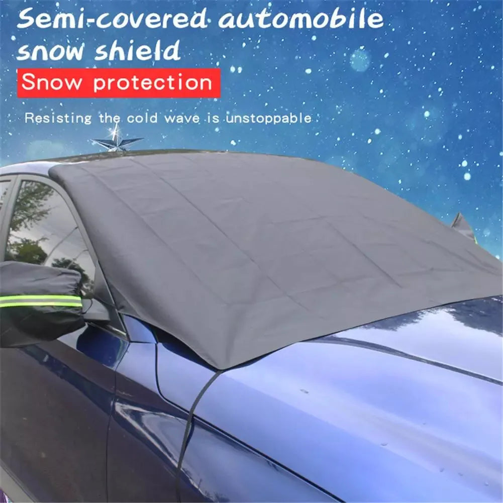Car windshield snow cover in black and silver waterproof polyester taffeta, 210 x 120cm, with reflective night bar and four magnets.