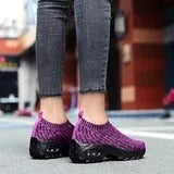 Air cushion slip-on trainers for women, mesh upper, honeycomb insole, non-slip PU sole, black purple grey navy, sizes 35-42